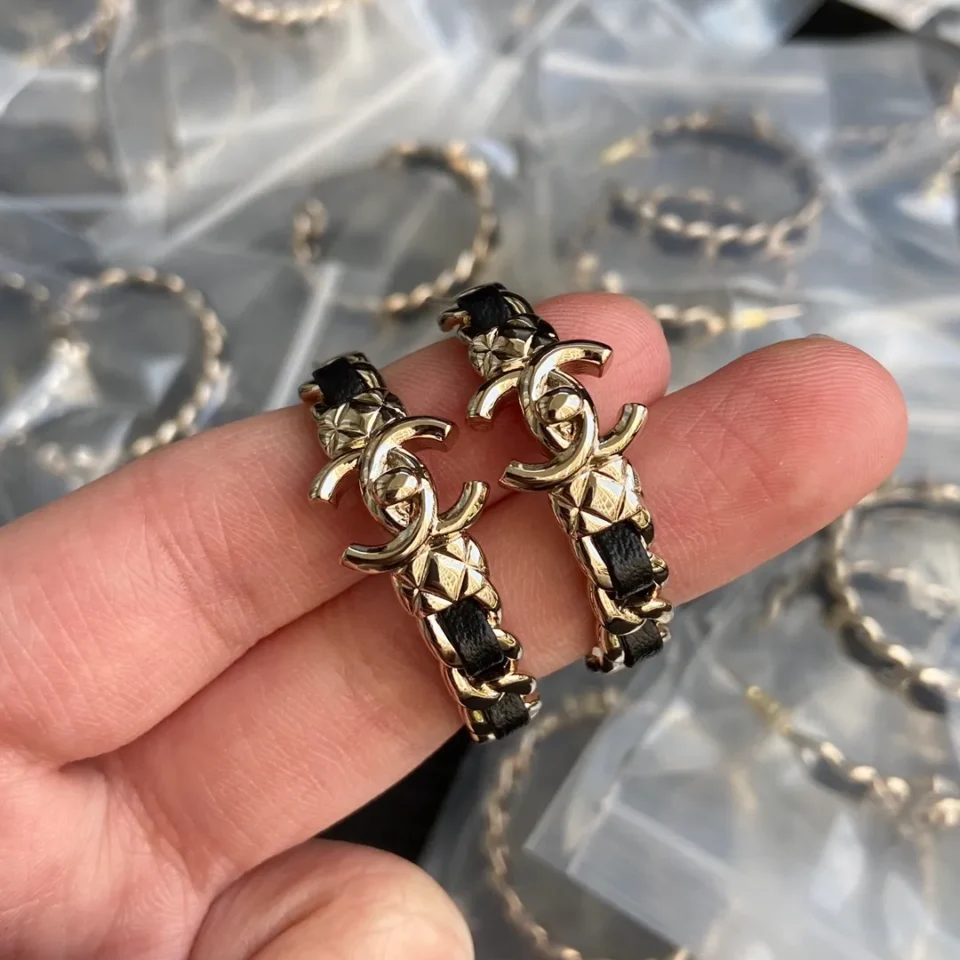 Chanel Metal Lambskin Quilted CC Turnlock Chain Hoop Earrings Gold Black