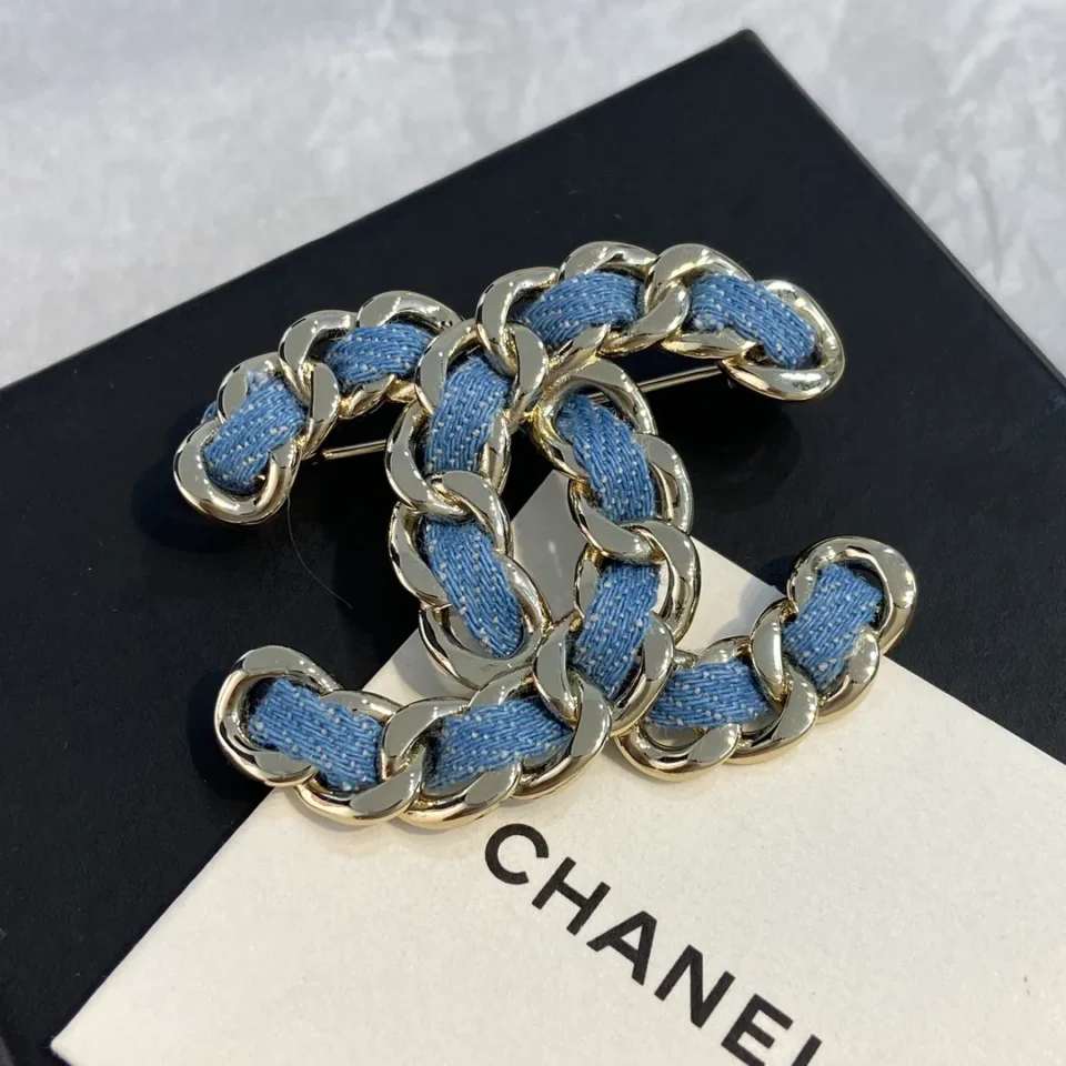 Metal Denim Gold Blue CHANEL Brooch