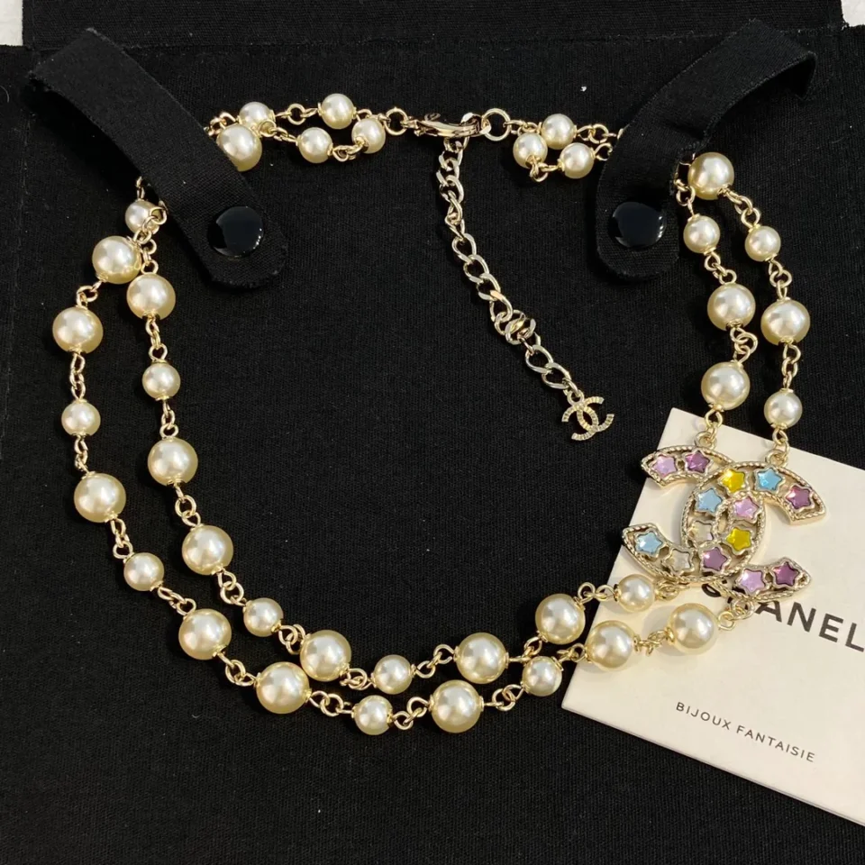 Chanel double Necklace - Metal, Glass Pearls & Strass  Gold, Pearly White & Multicolor