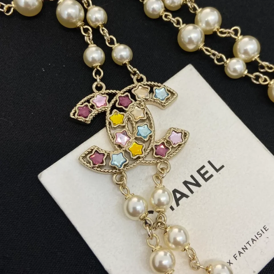 Chanel double Necklace - Metal, Glass Pearls  Pearly White & Multicolor