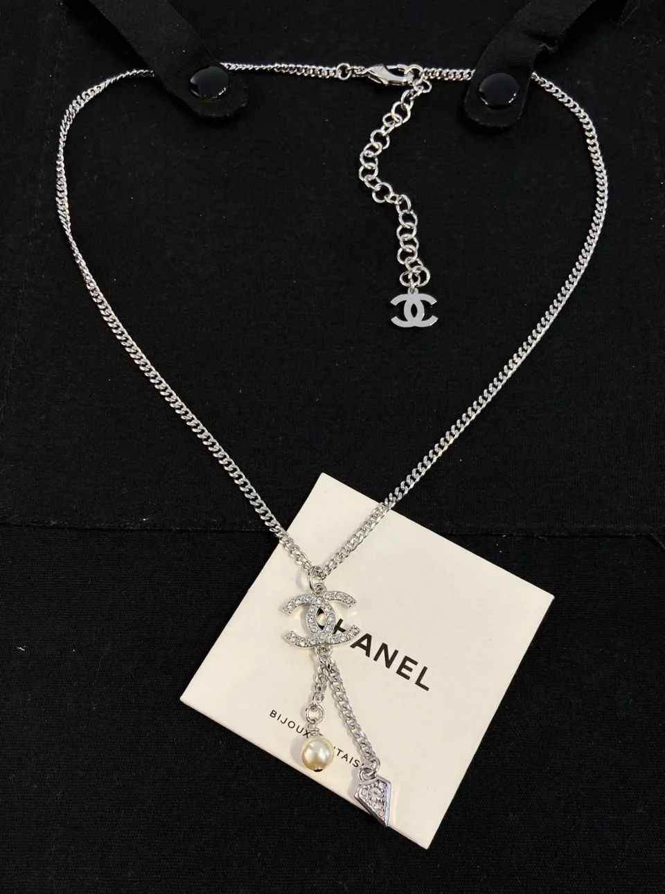 Chanel necklace ,Silver-toned chain with crystal CC pendant