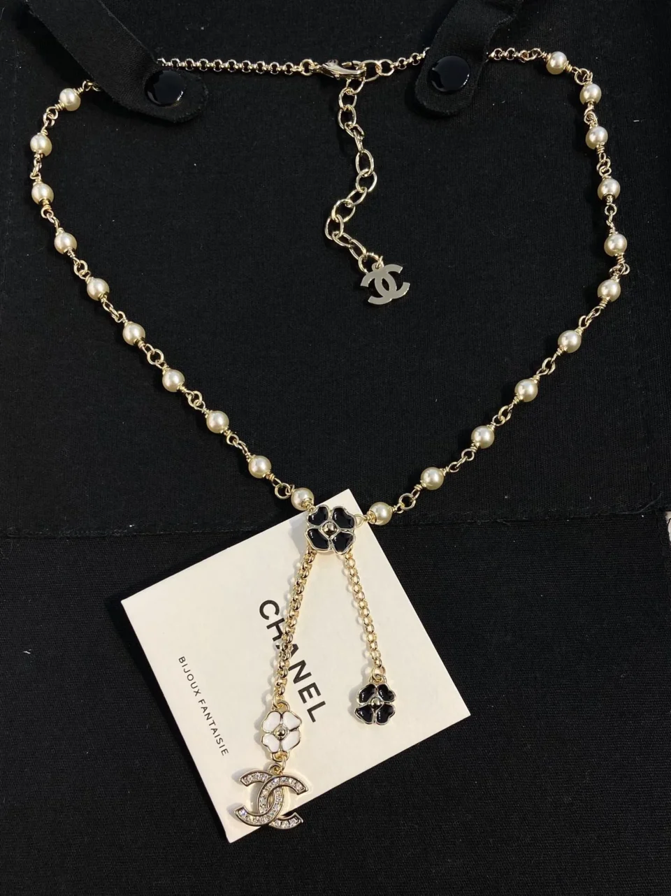 Chanel black and white four-leaf clover enamel necklace