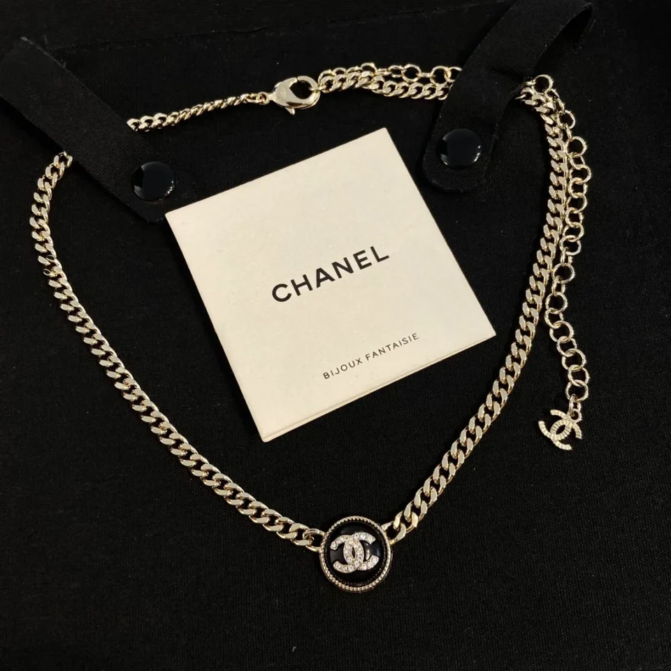 Crystal Resin CC Chain Link Short Necklace Black Gold