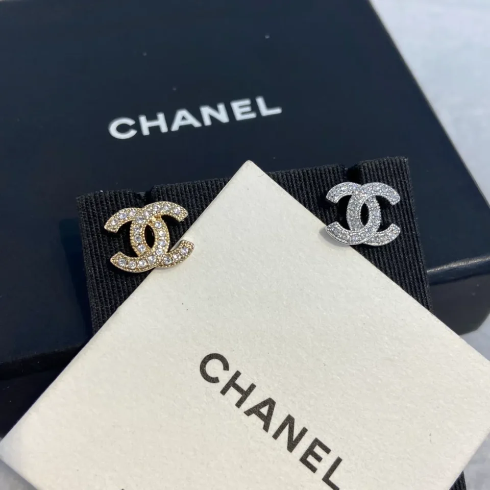 Chanel CC Crystal Stud Earrings ,gold and silver
