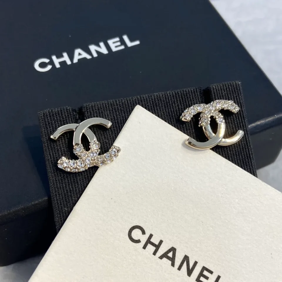 Chanel CC Crystal Stud Earrings ,gold