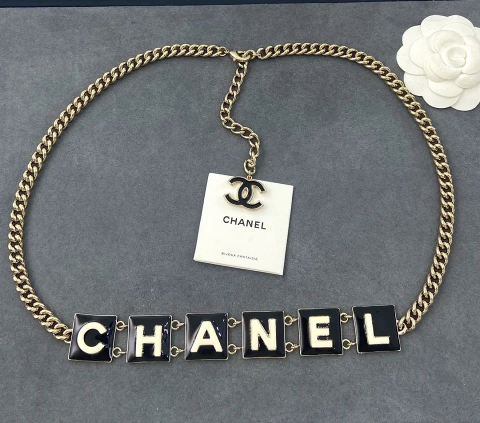 Chanel 2022 Black & White Enamel Gold Plated Logo Belt