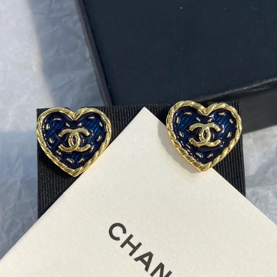CHANEL Coco Mark Heart Earrings Metal Navy Gold