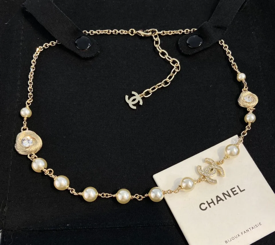 Chanel Brushed Threaded Button Pearl Necklace