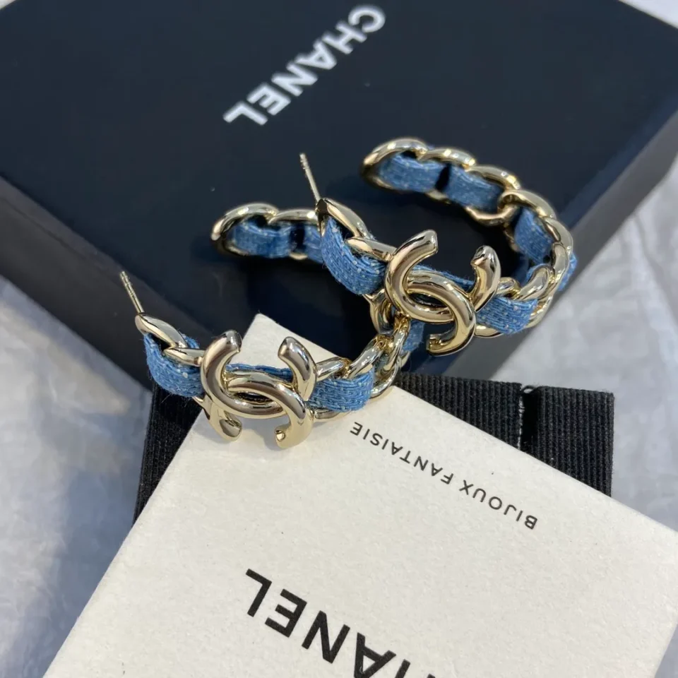CHANEL Hoop earrings - Metal & denim, gold & blue