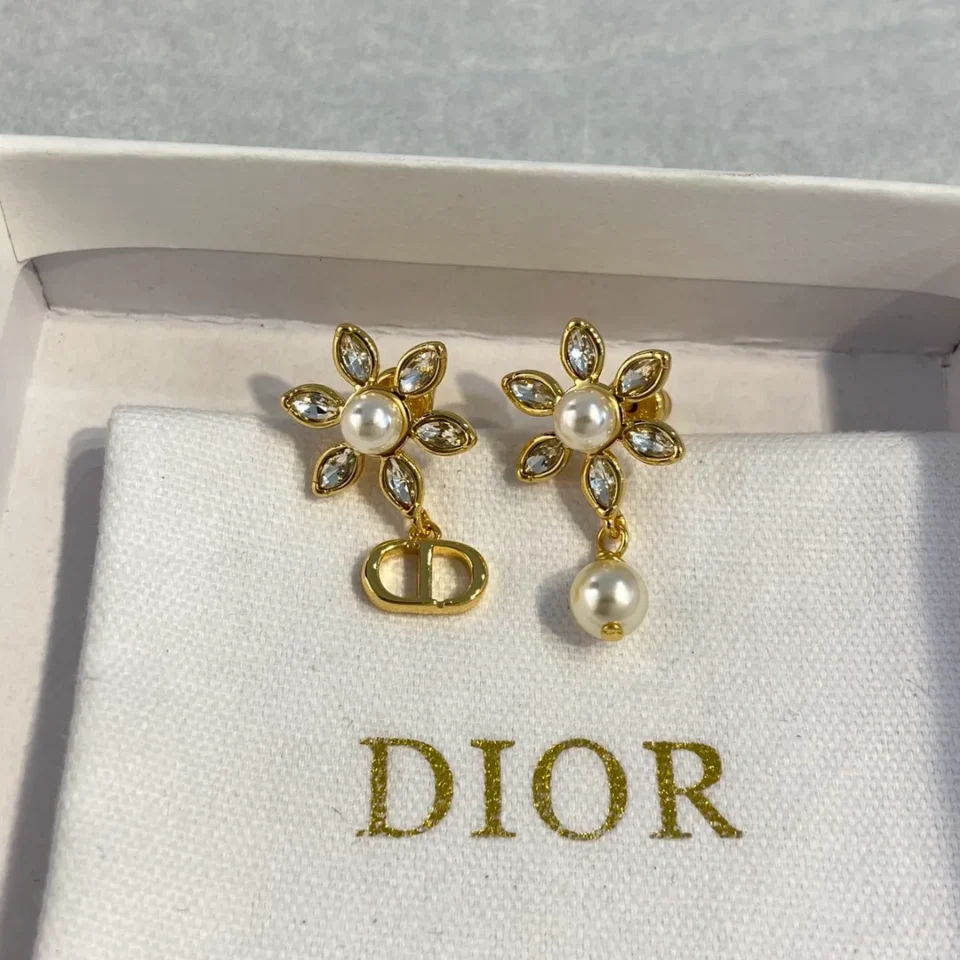 Dior Bloom in  Earrings Gold-Finish Metal with White Resin Pearls and Silver-Tone Crystals