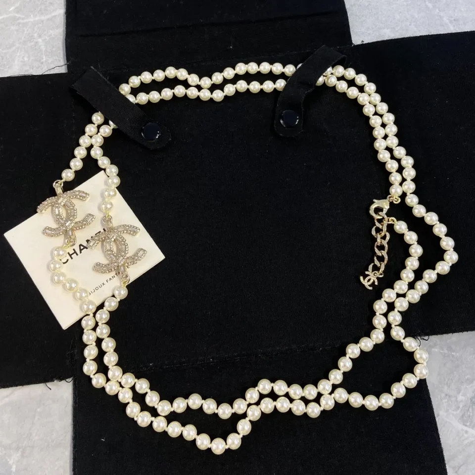 CHANEL Pearl Letter Long 2 CCS Necklace Sweater Chain with Crystal 22K
