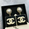 CHANEL Metal Resin Pearl CC Drop Earrings Gold Black White