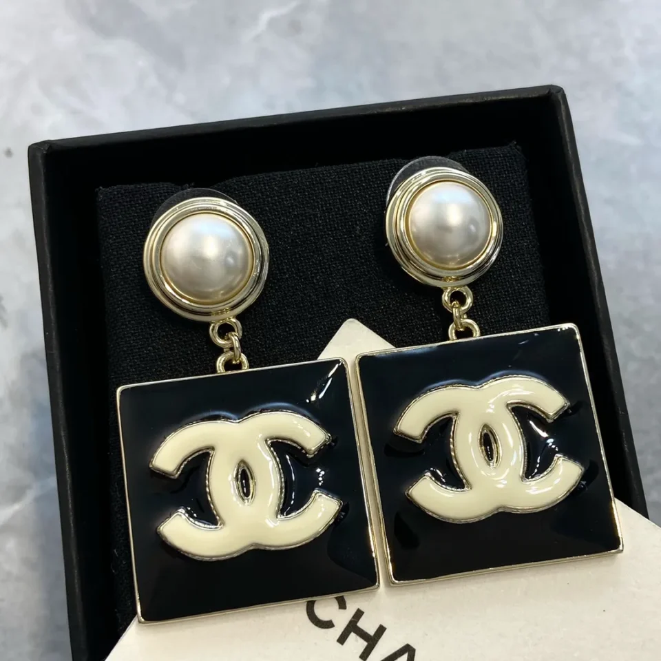 CHANEL Metal Resin Pearl CC Drop Earrings Gold Black White