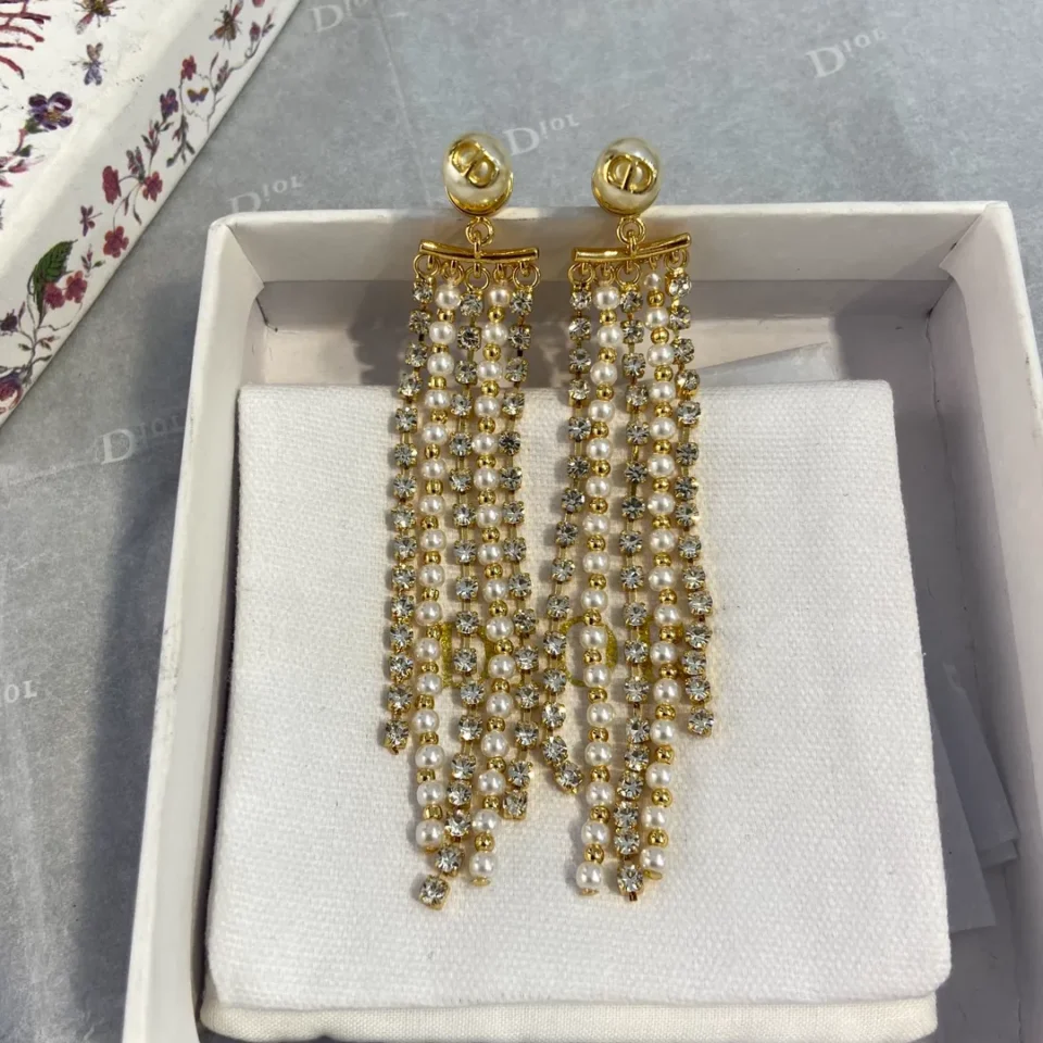 Dior D-River Earrings Gold-Finish Metal with White Resin Pearl and White Crystals