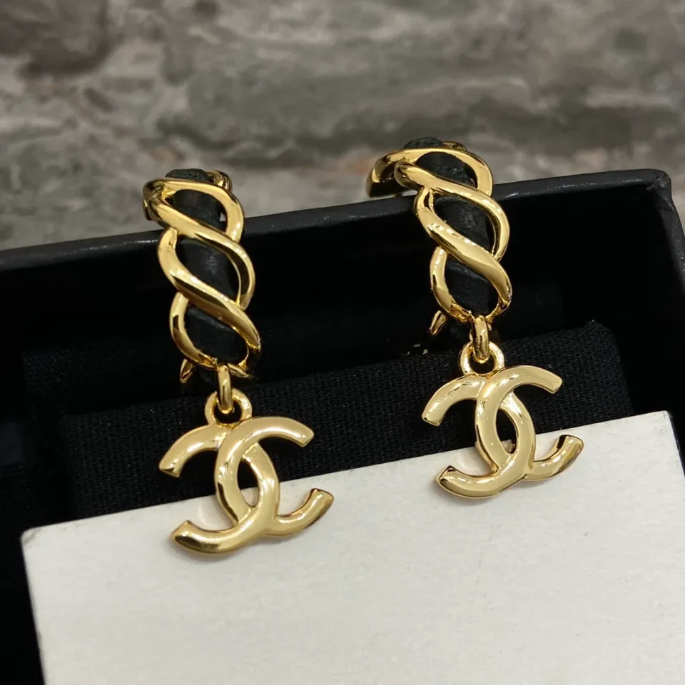 Chanel Hoop Earrings Gold Metal Black Leather