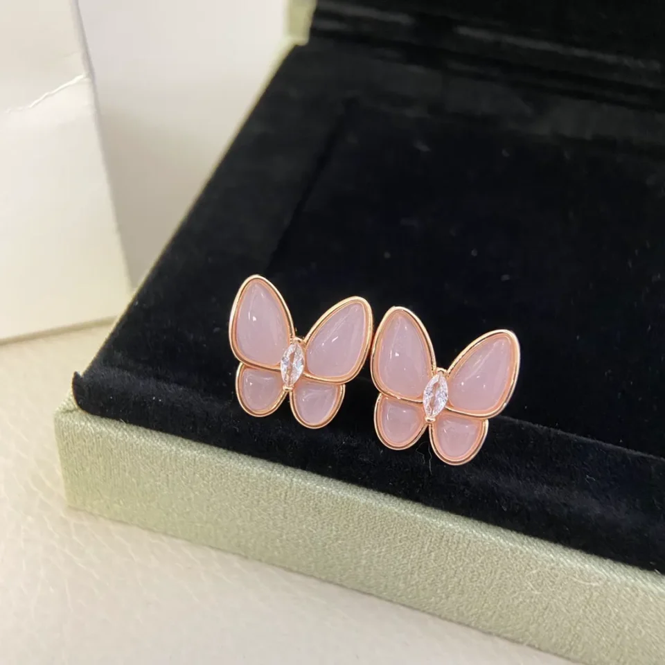 Two Butterfly earrings ,18K rose gold, Diamond, Mother-of-pearl