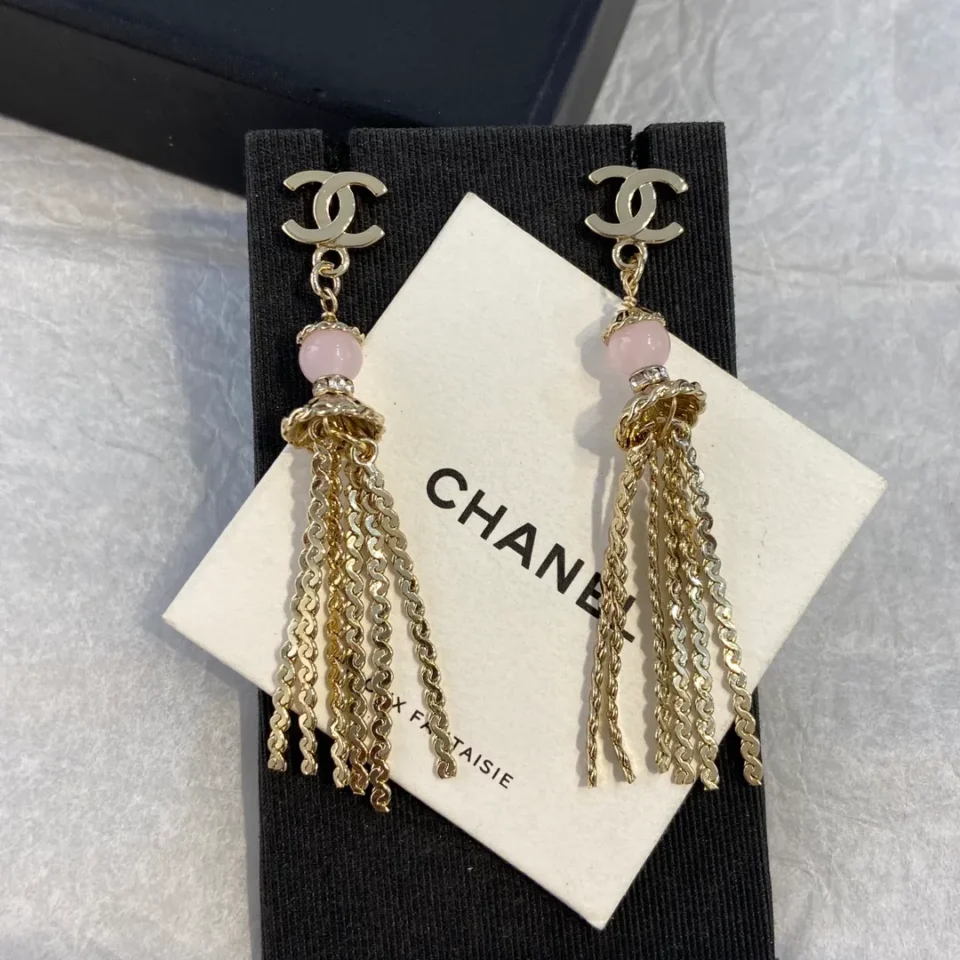 Chanel Pendant Earrings Metal, Natural Stones, Glass, Strass  Gold, Pink & Crystal