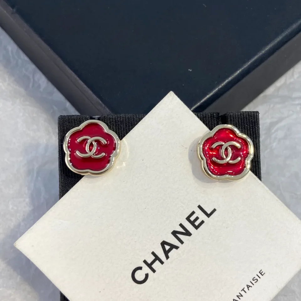 Chanel Flower  Stud Earrings   Metal Golden &Pink Resin