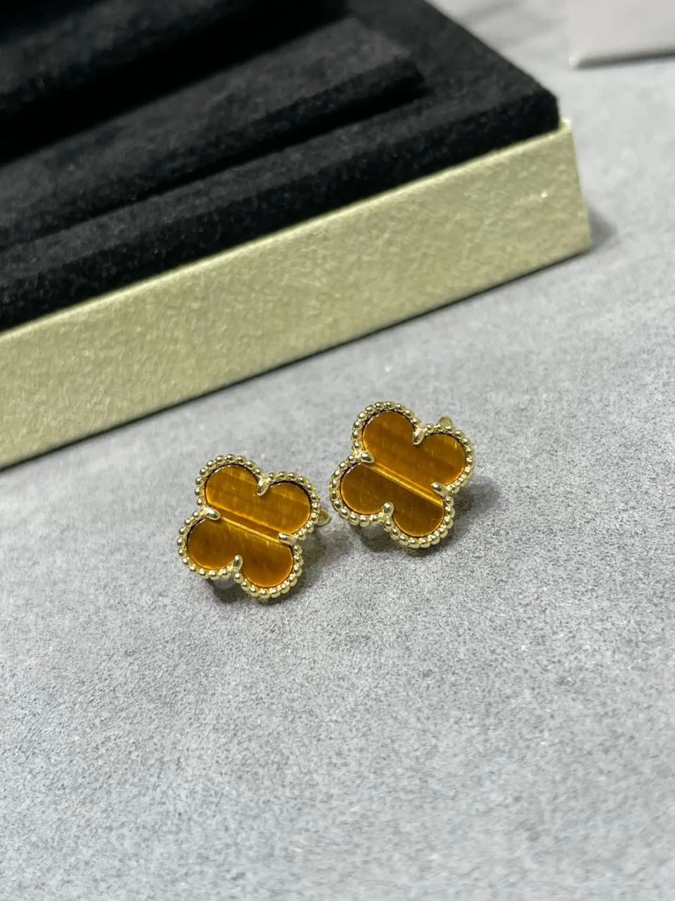 Vintage Alhambra earrings ,18K yellow gold, Tiger Eye