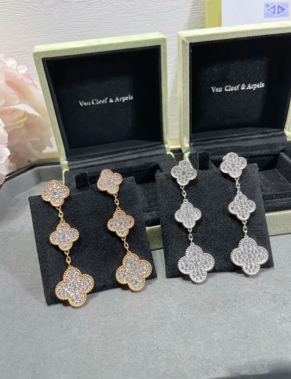 Magic Alhambra earrings, 3 motifs ,Silver , Rose golden