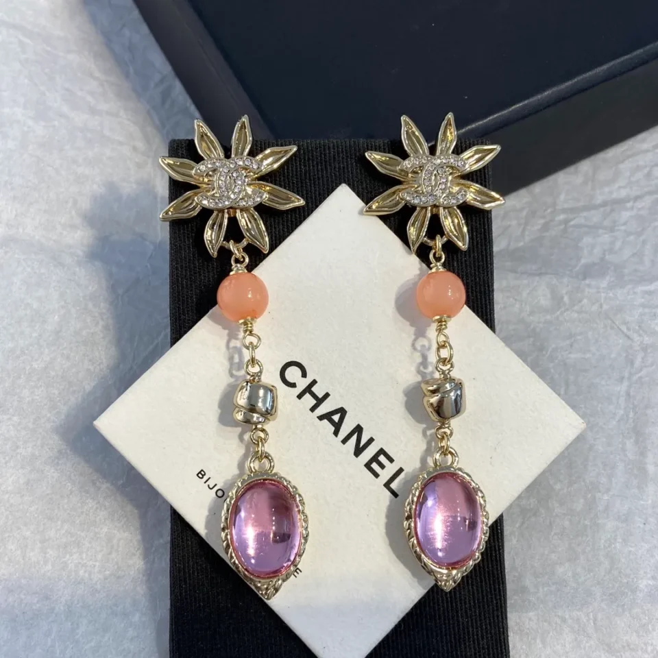 2024/25 Métiers d’art  Chanel Pendant Earrings  Metal, Natural Stones, Glass, Strass  Gold, Pink & Crystal
